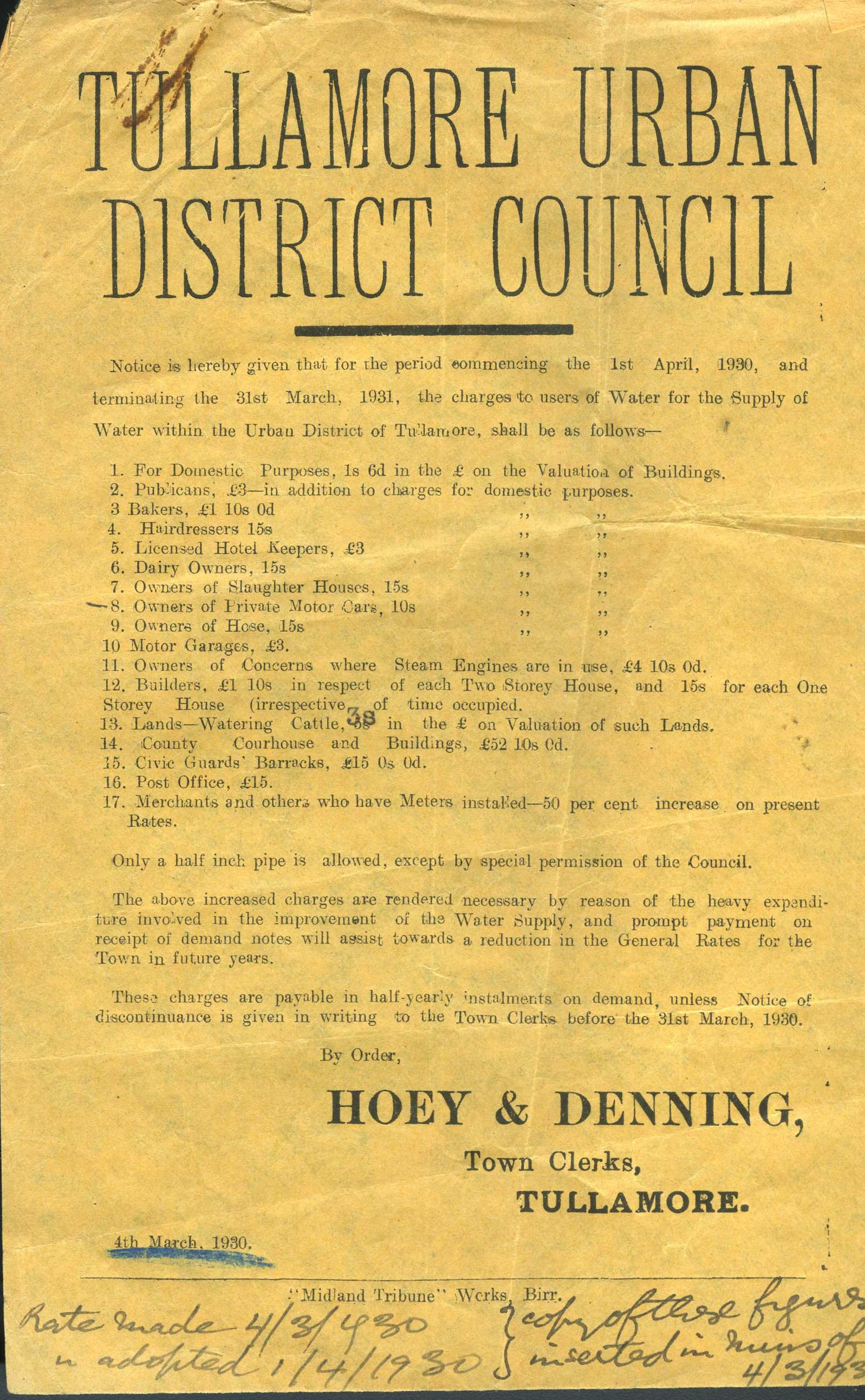 058535 Water charges notice from Hoey and Denning- 1930