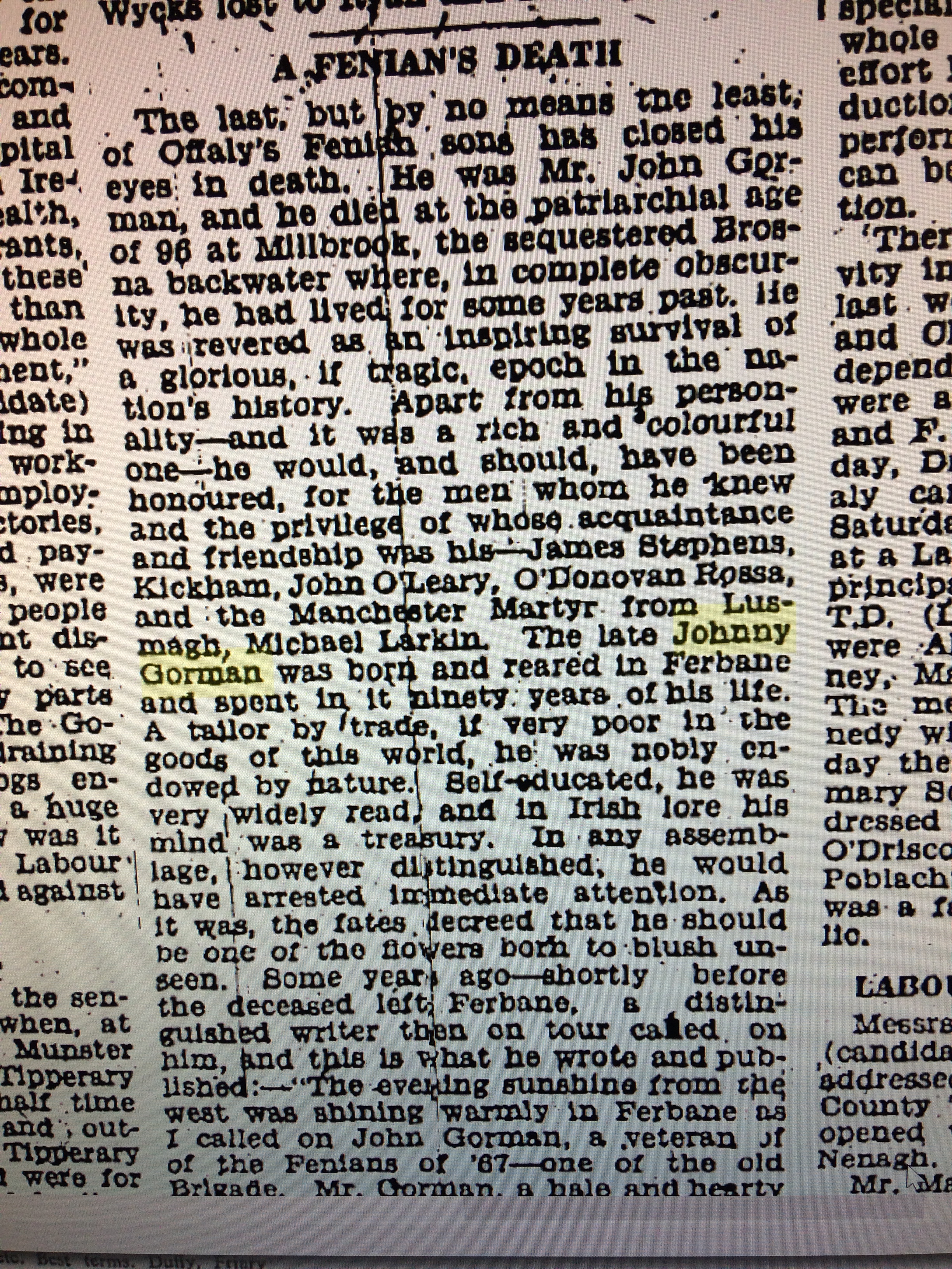 19430619 Johnny Gorman Ferbane obit