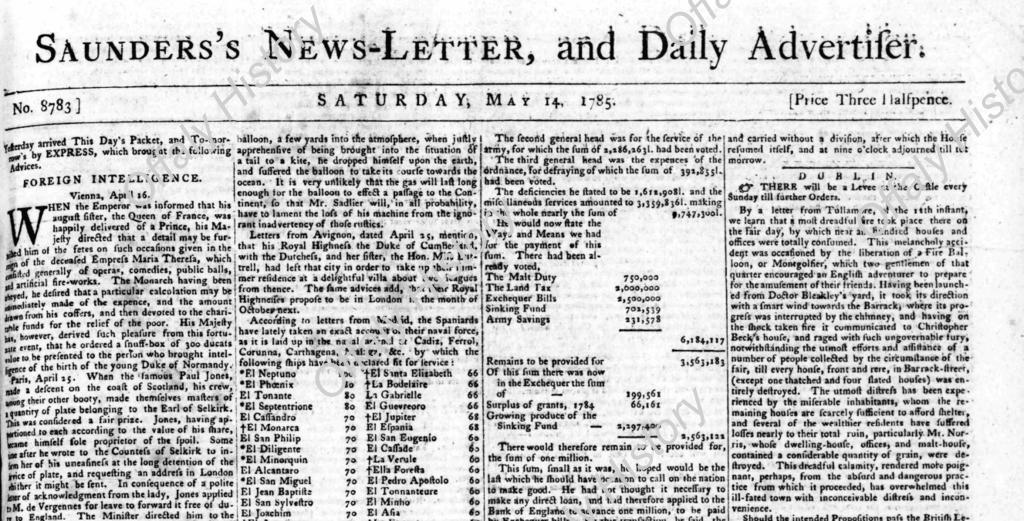 17850514 Ballon fire Saunders's Newsletter