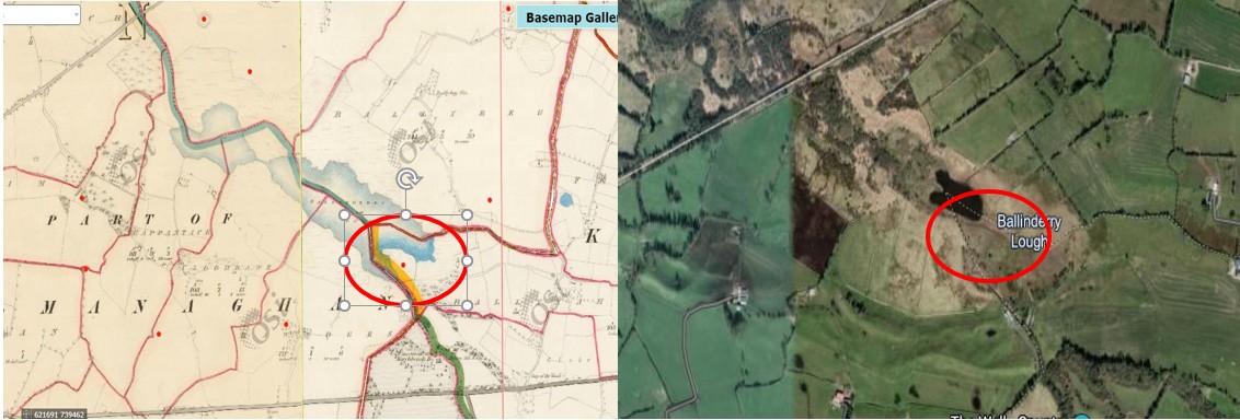 Ballinderry Lough pre-railroand and current digital map