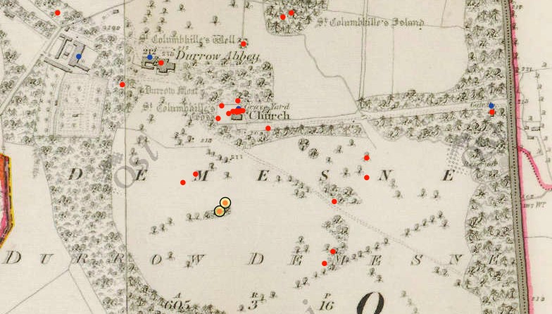 Durrow Abbey, 2 ring-barrows side by side (yellow dots)